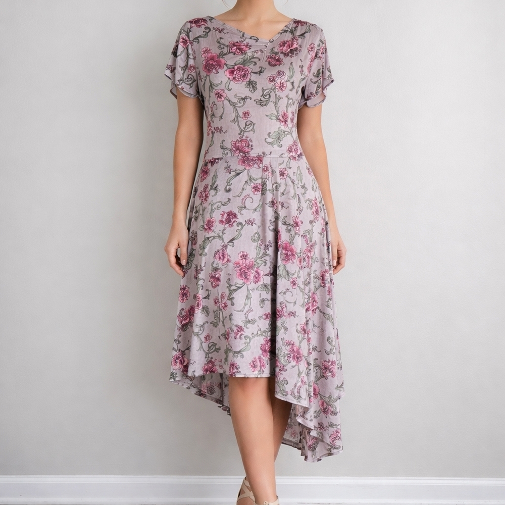 JOYFOLIE Mia Joy Size Large Floral Velvet Short Sleeve Asymmetrical Dress